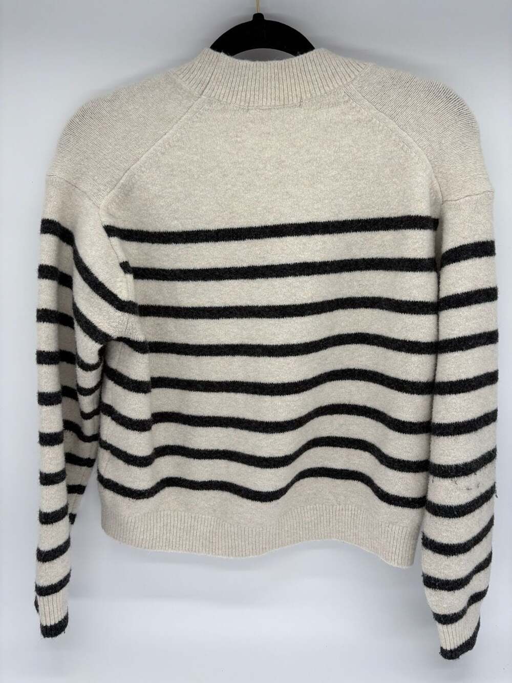 Uniqlo Breton Stripe Souffle Yarn V-Neck Short Cardigan Cream Black Size M - Picture 2 of 3